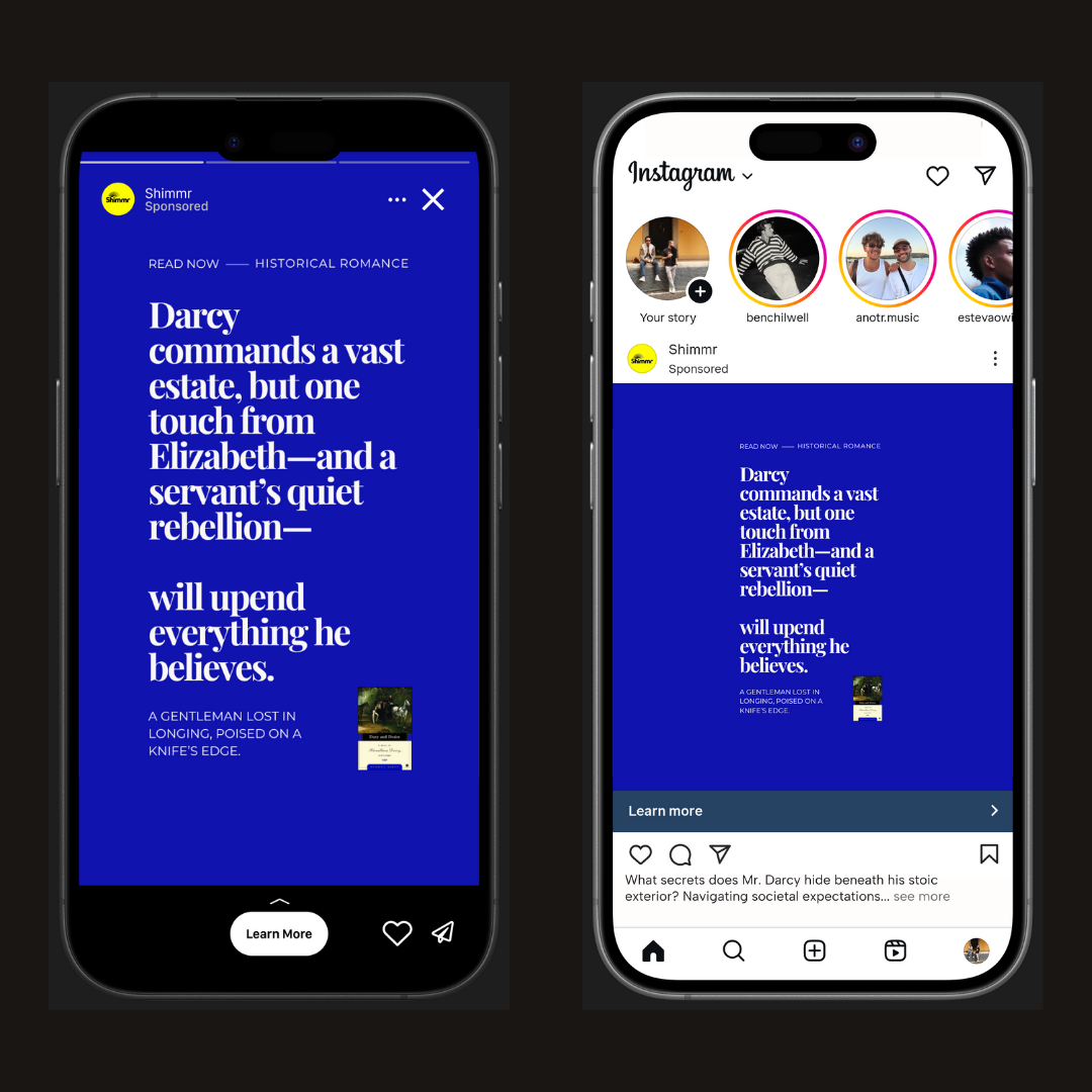 Shimmr-generated Instagram advert for a historical romance retelling of Darcy and Elizabeth, shown as phone mockups