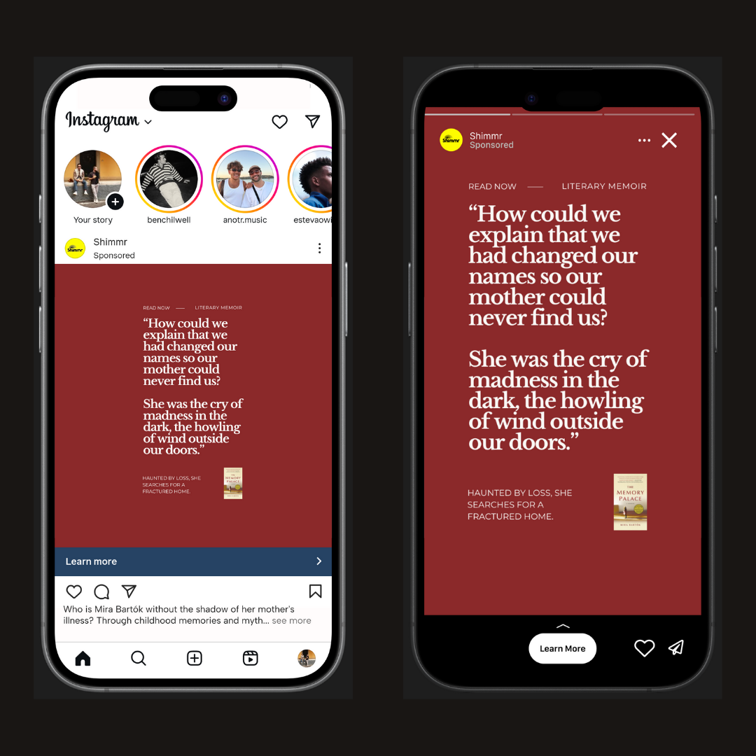 Shimmr-generated Instagram advert for a literary memoir about sisters who changed their names, shown as phone mockups