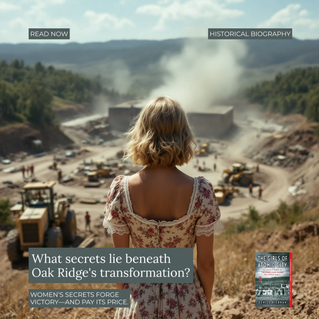 Shimmr-generated advert for a wartime historical biography, a woman overlooking the Oak Ridge excavation site