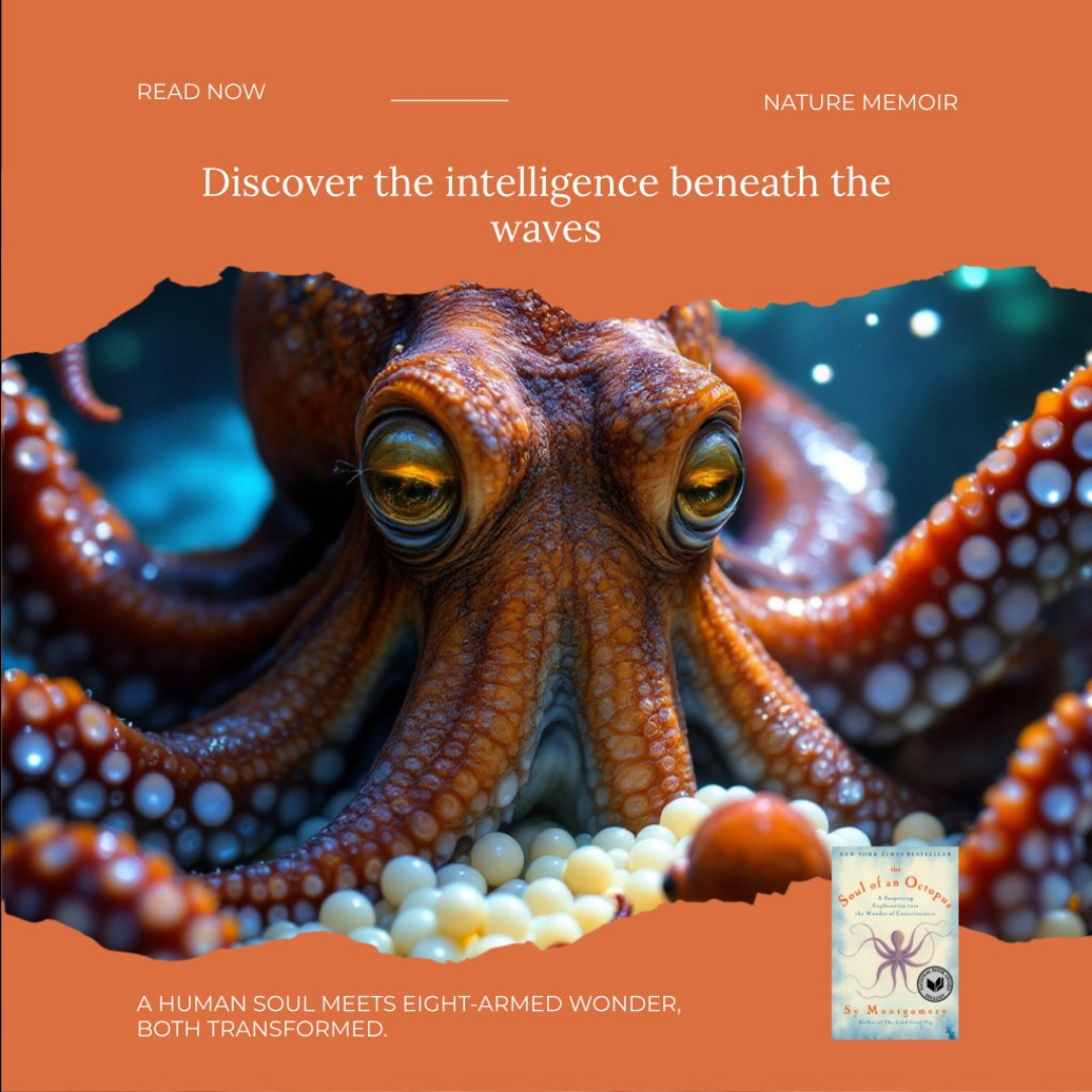 Shimmr-generated advert for a nature memoir about octopus intelligence, a close-up octopus underwater