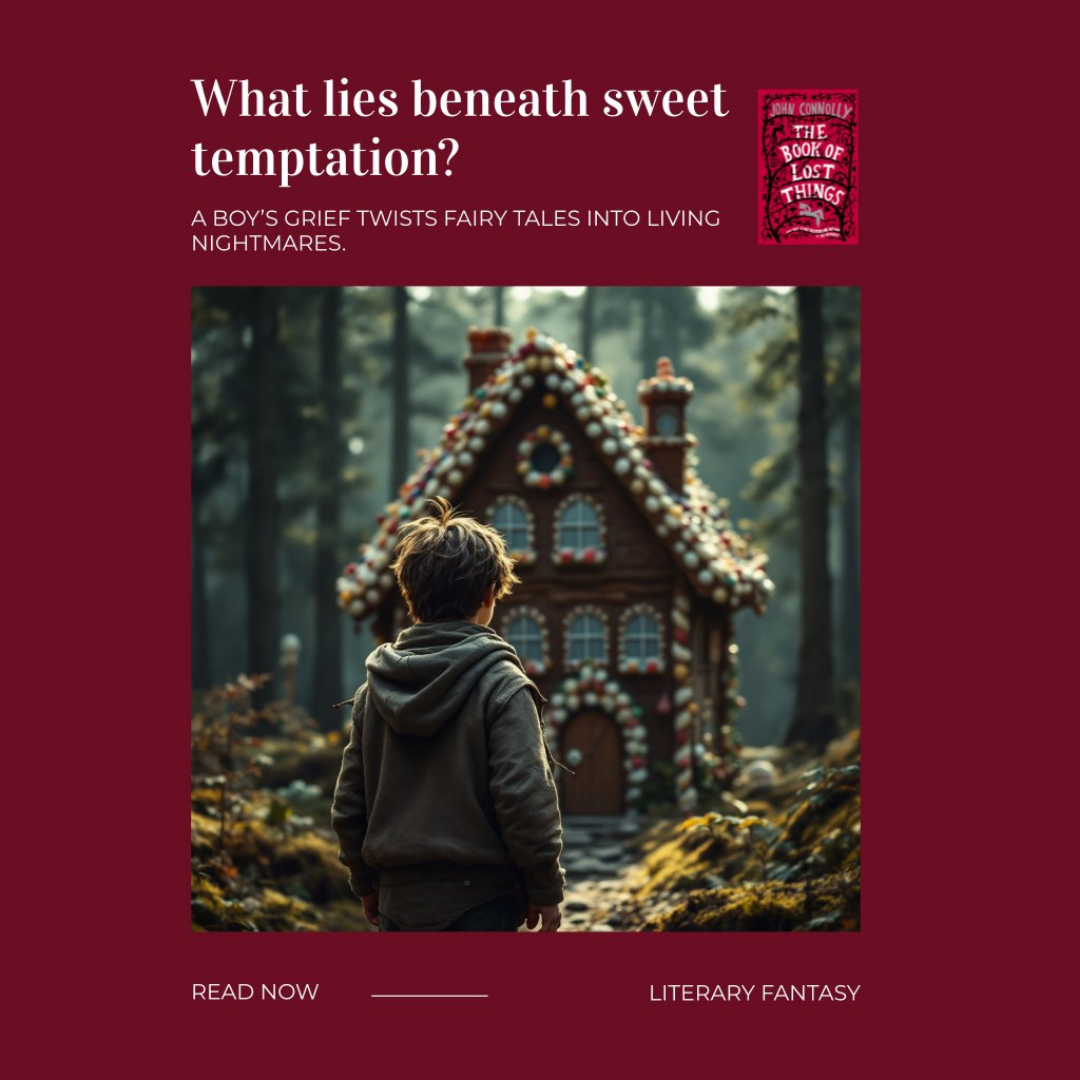 Shimmr-generated advert for a literary fantasy novel, a boy before an eerie gingerbread house in a dark wood