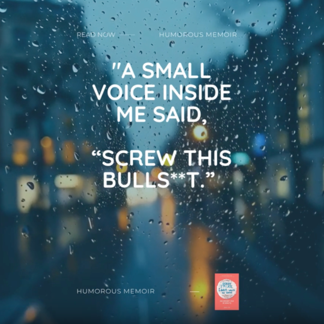 Shimmr-generated advert for a humorous memoir, a rain-streaked window over city lights with a defiant quote